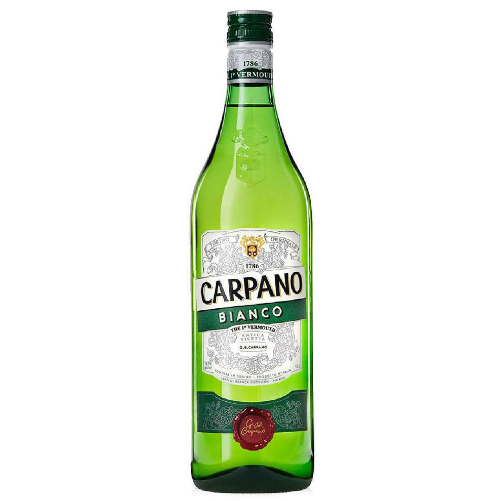 Light yellow 375 mL Carpano Bianco Vermouth bottle with floral and citrus notes, ideal served cold or on the rocks with grapefruit.