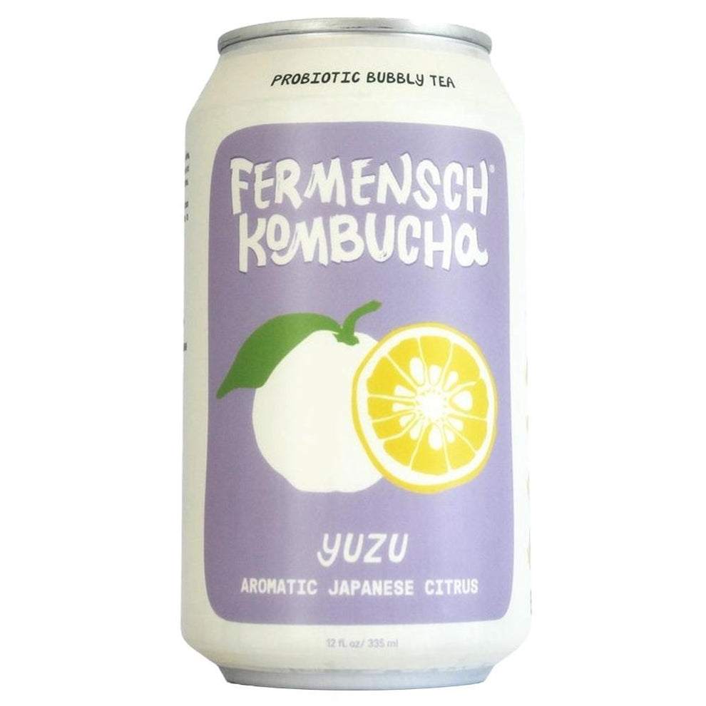 Fermensch Yuzu Japanese Citrus Kombucha, 12oz bottle, offering bright, refreshing, alcohol-free flavor.