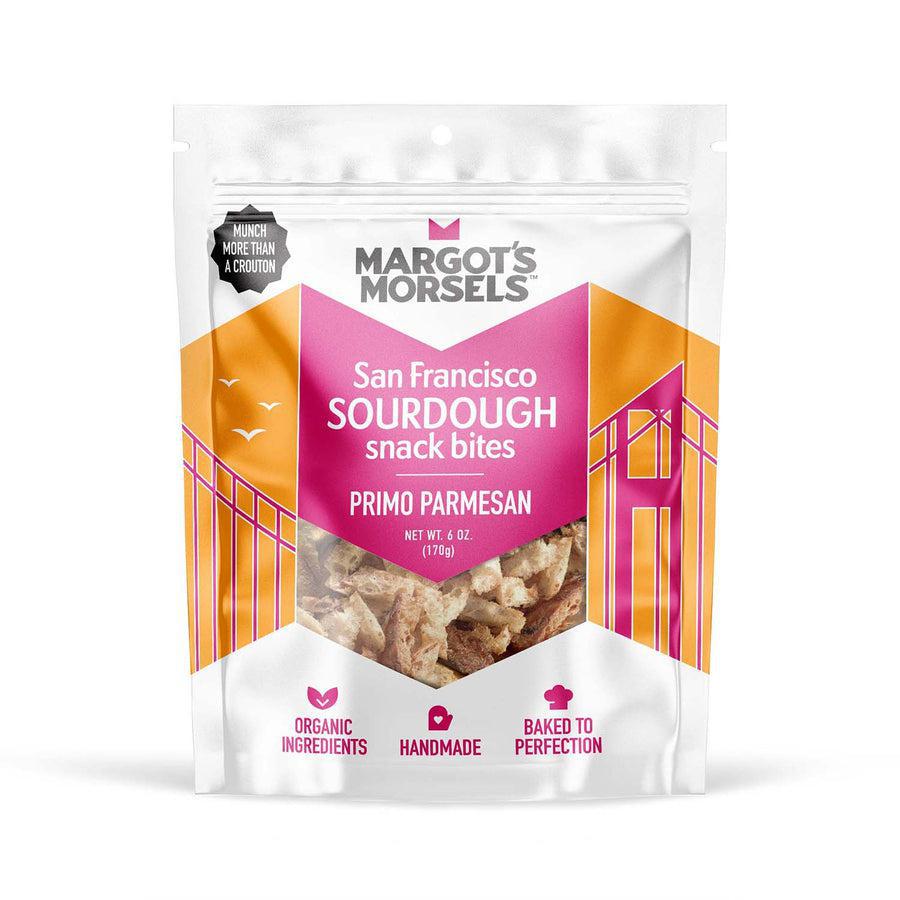 Margot's Morsels Primo Parmesan Sourdough Snack Bites, 6oz bag with a vibrant label and savory snack pieces.
