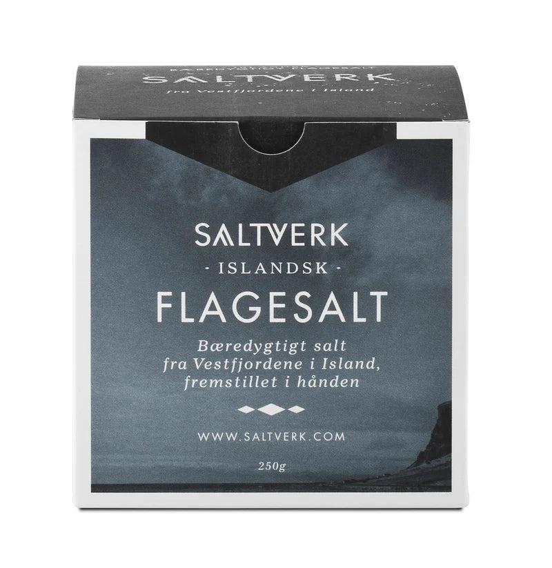 Jar of Saltverk flaky sea salt, ideal for finishing gourmet salads.