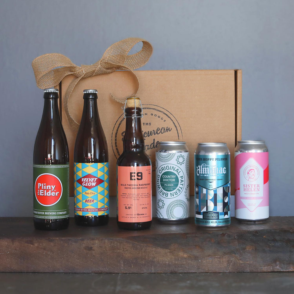 Six-bottle San Francisco Bay Area craft beer selection in branded gift box.