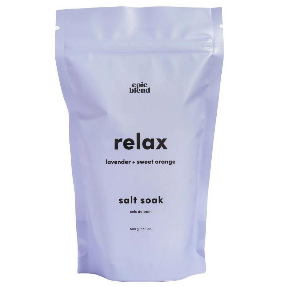 Epic Blend Relax Salt Soak in a 17.6oz pouch, infused with calming botanicals for a spa-like bath experience.