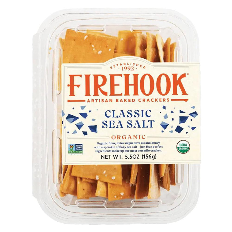 Firehook Mediterranean Sea Salt Crackers, 5.5oz box, artisanal baked snack with a light, crisp texture.