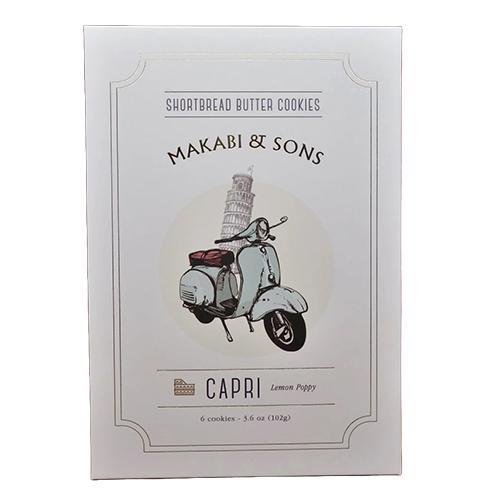 A box of Makabi & Sons Capri Lemon Poppy Shortbread cookies, showcasing a delicious blend of citrus and delicate flavor.