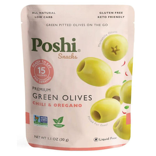 Poshi - 'Chili & Oregano' Pitted Green Olives (30G)
