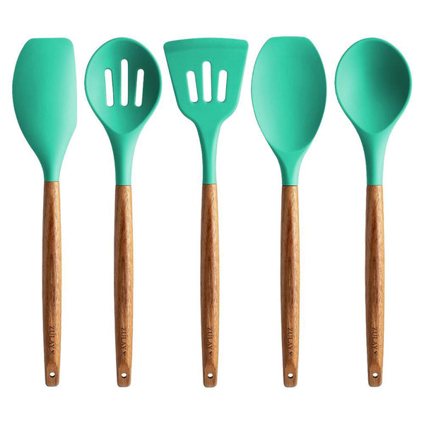 Zulay Kitchen - 'Aqua' Silicone Utensils Set w/ Wooden Handles (5CT).
