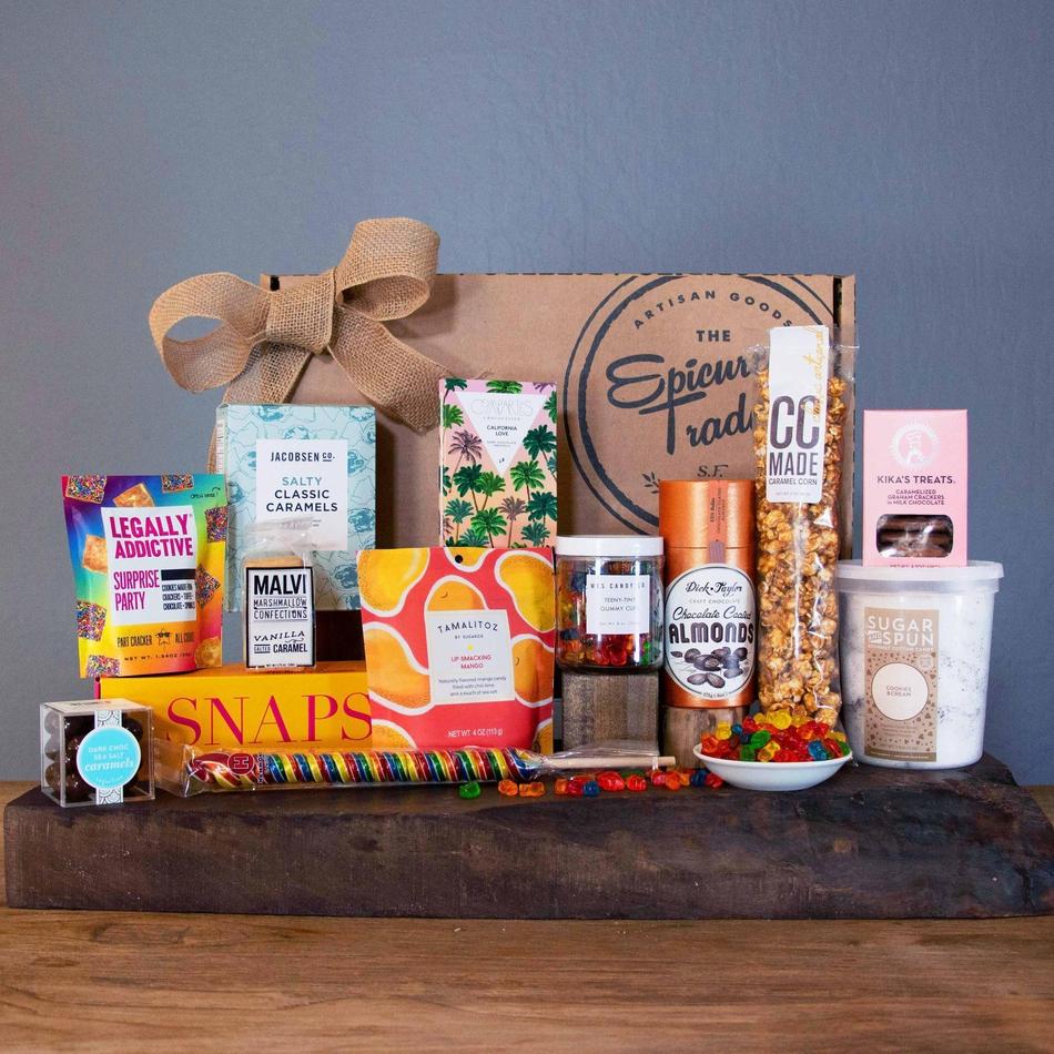 Deluxe sweet snack basket with small‑batch candy in San Francisco‑branded box.